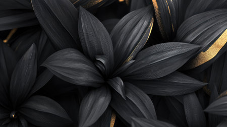 This captivating image features elegant black leaves adorned with golden accents, creating a stunning contrast on a dark background, perfect for design projects.の素材