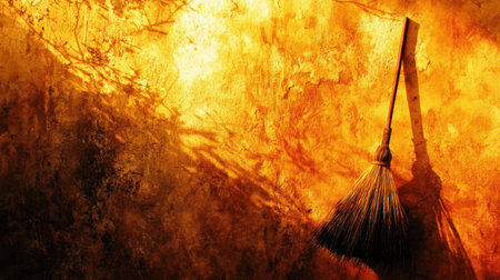 A broom elegantly hangs on a textured wall, surrounded by a warm golden light. This image captures a rustic charm, perfect for home decor concepts.の素材