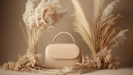 This stunning image features a minimalist handbag elegantly displayed amidst soft pampas grass, offering a warm and inviting atmosphere perfect for lifestyle and fashion themes.の素材
