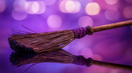 This enchanting image features a mystical broomstick against a colorful purple bokeh background. The broom's reflection enhances its magical allure. Perfect for Halloween themes or fantasy designs.の素材