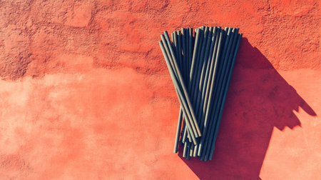 A striking image showcasing a stack of black rods against a vibrant orange textured wall, casting interesting shadows in bright natural light, perfect for artistic designs.の素材