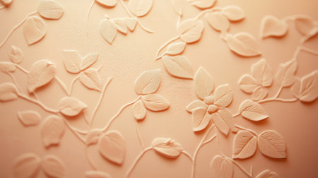 This image features a delicate embossed floral pattern against a soft peach background, ideal for enhancing elegance in interior design projects.の素材