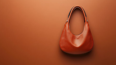 This image features a sophisticated brown handbag set against a warm brown backdrop. The minimalist design highlights the accessory's elegance, perfect for any fashion-conscious individual.の素材