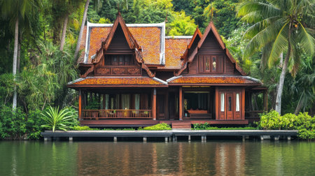 This image captures a serene wooden house with intricate traditional architecture, beautifully set against lush greenery and calm water, evoking tranquility and relaxation.の素材