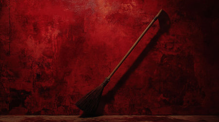 This image features a broom leaning against a textured dark red wall, creating a striking visual contrast. The setting evokes a sense of warmth, solitude, and rustic charm.の素材