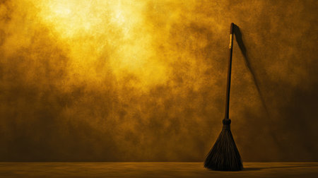 A solitary broom leans against a softly lit golden wall, creating an inviting atmosphere with rich texture and shadows that enhance visual depth.の素材