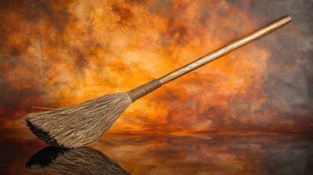 This image features an ancient broom resting against a vivid abstract background in warm hues, creating a striking visual contrast and artistic appeal.の素材