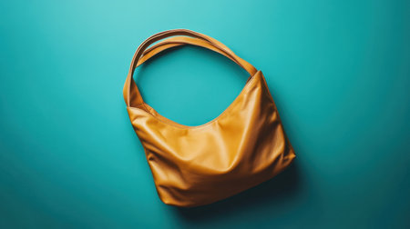 This striking mustard yellow leather handbag rests elegantly on a turquoise background, embodying modern fashion trends and chic accessories. Perfect for lifestyle and outfit styling.の素材