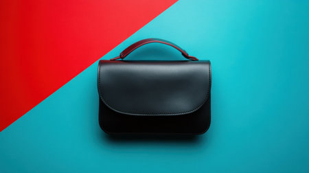 This image features an elegant black leather handbag set against a striking red and blue background, perfect for fashion projects and marketing.の素材