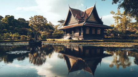 A stunning view of traditional Thai architecture reflecting in a serene pond, surrounded by vibrant greenery. This image captures the peaceful beauty of cultural heritage.の素材