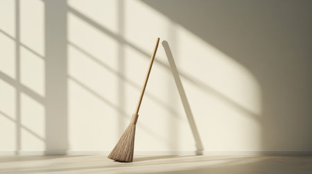 A simple broom leans against a wall, casting an elegant shadow with soft afternoon light illuminating the warm space, symbolizing cleanliness and order.の素材