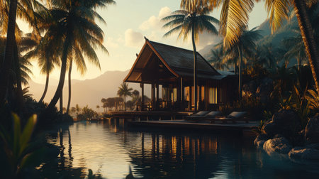 This stunning image showcases a tranquil tropical retreat featuring a beautiful bungalow surrounded by lush palm trees and calm waters, ideal for relaxation.の素材