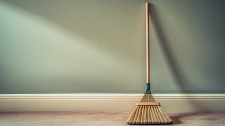 A serene indoor scene featuring a minimalist broom resting against a wall. Soft light creates a calming atmosphere, emphasizing simplicity and cleanliness.の素材