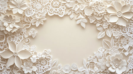 This stunning image features an elegant white floral decoration composed of intricate lace and paper flowers, perfect for crafts, weddings, and events.の素材