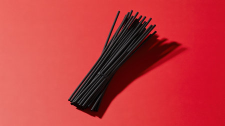 A captivating image of a neatly arranged bundle of slender black sticks on a vibrant red background, highlighting minimalism and artistic expression in design.の素材