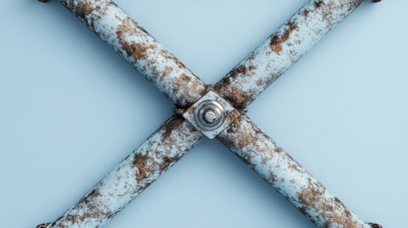 This image depicts a rusty metal cross structure against a light blue background. It highlights intricate textures and details, ideal for industrial design themes.の素材