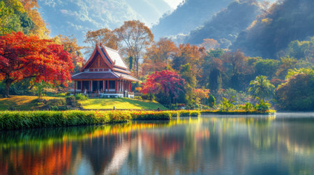 This tranquil scene features a traditional Thai house reflecting on a serene lake, surrounded by vibrant autumn foliage and majestic mountains.の素材