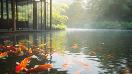 A serene garden pond filled with vibrant koi fish, surrounded by lush greenery and morning mist, creating a peaceful and tranquil atmosphere perfect for relaxation.の素材