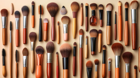 Close-up view of an organized collection of various makeup brushes placed aesthetically on a soft neutral background, highlighting beauty artistry tools.の素材