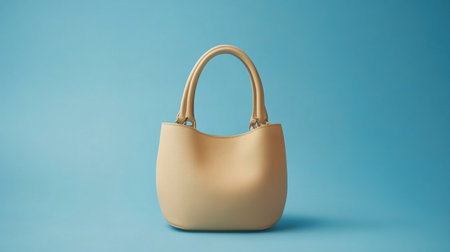 This elegant beige handbag stands out against a vibrant blue background, showcasing its modern design and stylish appeal. Perfect for fashion concepts.の素材