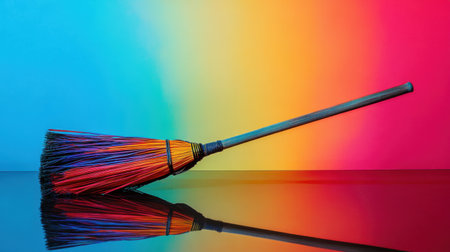 This image features a colorful broom with vibrant bristles positioned on a reflective surface, set against a captivating gradient rainbow background that adds depth and creativity.の素材