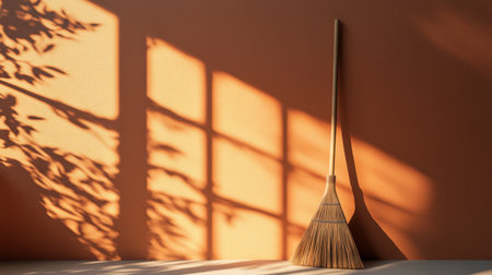 A cozy scene featuring a broom against a warm wall, illuminated by soft sunset light. The shadows create beautiful patterns, enhancing the atmosphere.の素材