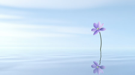 A stunning portrait of a single purple flower elegantly rising from calm water, reflecting a serene sky, embodying tranquility and natural beauty.の素材
