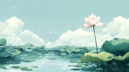 A beautiful illustration of a tranquil water landscape featuring a single pink lotus flower amidst lush green leaves under a soft blue sky.の素材