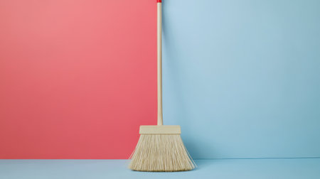 A minimalist broom stands against a vibrant pink and blue background, symbolizing cleaning, tidiness, and home improvement in a modern setting.の素材