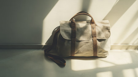 A beautifully crafted beige canvas bag with leather accents sits on a smooth floor, illuminated by warm daylight. This image captures a perfect blend of style and functionality.の素材