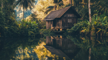 Experience the tranquility of a wooden cabin nestled in a lush tropical forest, beautifully reflected in calm waters under soft sunlight.の素材