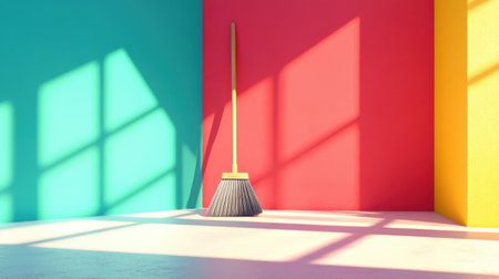 A vibrant interior scene featuring a broom positioned against colorful walls, highlighting themes of cleanliness, organization, and modern aesthetics.の素材
