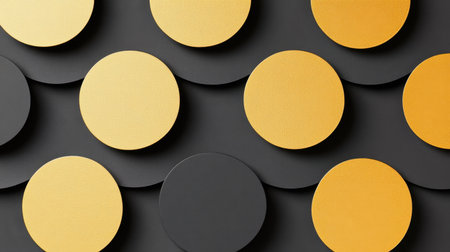 This image showcases a modern abstract design featuring textured gold and black circles set against a smooth background, perfect for contemporary art and decor.の素材
