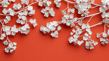 Beautiful white floral branches gracefully spread across a bold red background, creating an elegant and striking visual that inspires creativity and decor ideas.の素材