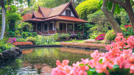 This captivating image features a charming garden cottage nestled amid colorful flowers and lush greenery. A tranquil pond reflects the serene surroundings, creating a peaceful escape.の素材