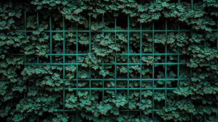 A vibrant display of lush green foliage climbing up a metal trellis, showcasing the beauty of nature in an urban garden setting, perfect for botanical themes.の素材