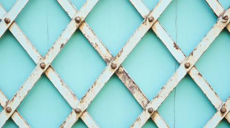 This image showcases a vintage blue geometric pattern featuring rustic metal lattice elements. Ideal for backgrounds or creative projects, the texture and charm enhance any design.の素材