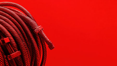 A striking image featuring a coiled red rope against a vibrant red background, showcasing the intricate texture and shape ideal for design projects or artistic exploration.の素材