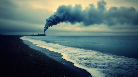 A striking image showcasing a factory emitting dark smoke into the sky over a calm ocean. The waves gently lap the shore, embodying the conflict between industry and nature.の素材
