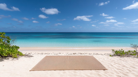 A serene beach scene featuring a yoga mat on soft white sand, surrounded by sparkling waves and clear blue skies, perfect for relaxation and wellness.の素材