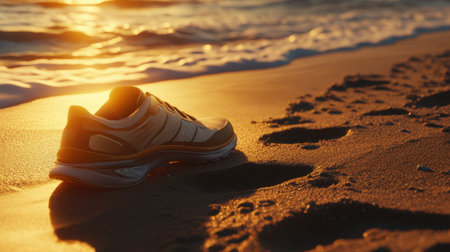 A solitary running shoe rests on the warm sand of a beach, reflecting golden sunlight from the sunset while gentle waves lap nearby. Ideal for fitness themes.の素材