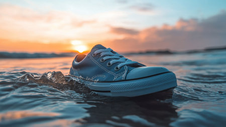 A striking image of a blue sneaker drifting on water during a breathtaking sunset. The vibrant colors of the sky reflect in the waves, creating a serene atmosphere.の素材
