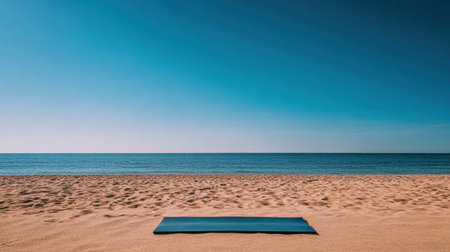 A serene beach scene featuring a yoga mat placed on soft sand, surrounded by the calm ocean and clear blue sky. Ideal for relaxation and mindfulness.の素材