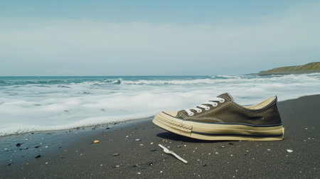 A casual shoe rests on the sandy beach, partially washed by the gentle waves, reflecting the serene atmosphere of the open ocean and coastal scenery.の素材