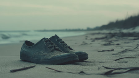 A pair of worn black shoes rests on a sandy beach, surrounded by gentle waves and a calming twilight sky, evoking feelings of solitude and adventure.の素材