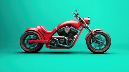 A striking red motorcycle stands out against a bright turquoise backdrop, emphasizing its unique design and craftsmanship. This image captures the spirit of adventure and freedom associated with biking culture. Perfect for showcasing automotive passion.の素材