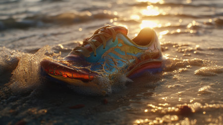 A vibrant running shoe rests on the beach sand as gentle waves lap around it, illuminated by the warm glow of the setting sun, showcasing a perfect blend of color and nature.の素材