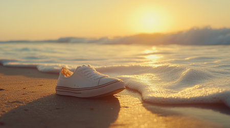 A white sneaker rests on the sandy beach as the sun sets, casting a warm glow over the scene. The gentle waves glisten in the evening light, creating a peaceful atmosphere perfect for any travel or lifestyle theme.の素材