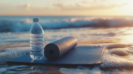 A serene morning beach scene featuring a yoga mat and a water bottle gently placed on the sandy shore, perfect for relaxation and mindfulness.の素材