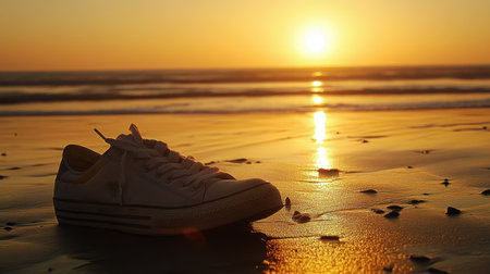 A solitary white sneaker rests on a sandy beach during a breathtaking sunset, capturing the peaceful essence of nature's beauty and calmness.の素材